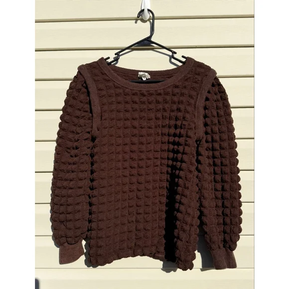 Anthropologie Bibi Lou Jackie Textured Puff Sleeve Top Brown Medium - Picture 2 of 6